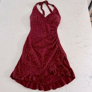 Mariposa Red Sparkly Halter Mini-Dress, V-neck. Size Small
